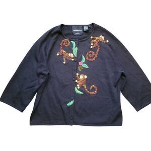 Michael Simon Sweater Women's XL Black Y2K 2001 Monkey Beaded Embroidered
